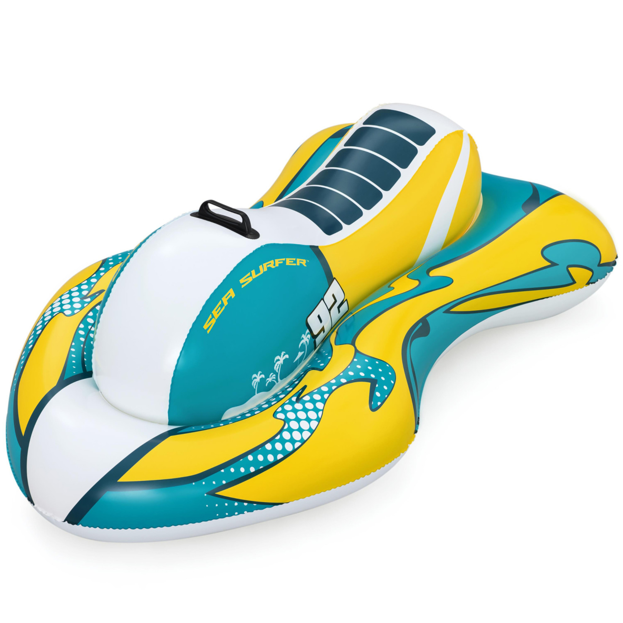 Bestway H2OGO! Sea Surfer Pool Float, 43x25x14in Teal & Yellow Inflatable Jet Ski Shaped Ride-On, 99lb Cap